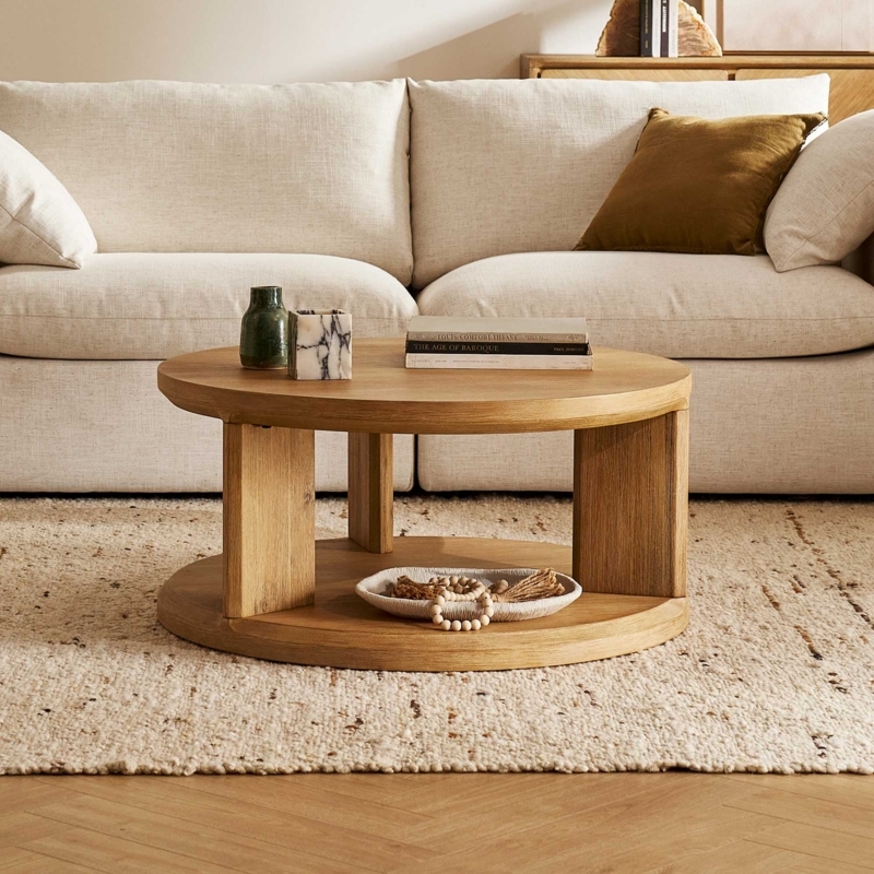 Japandi Round Coffee Table with Recessed Lower Shelf & Thick Legs