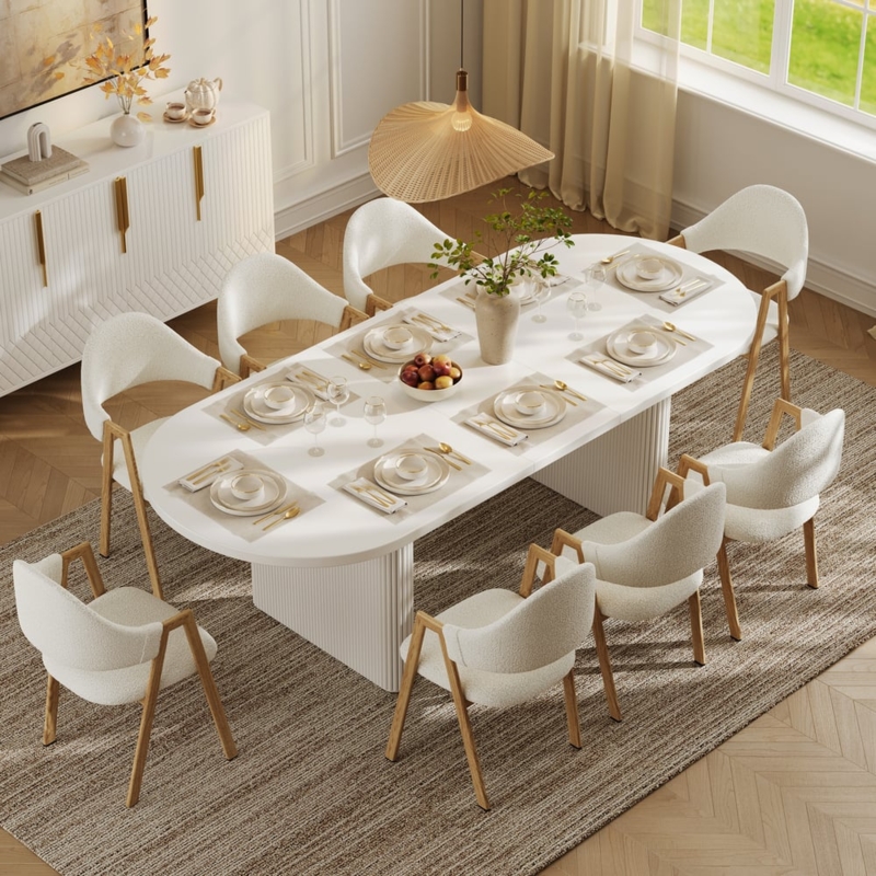 Japandi White Oval Dining Table with Fluted Pedestal