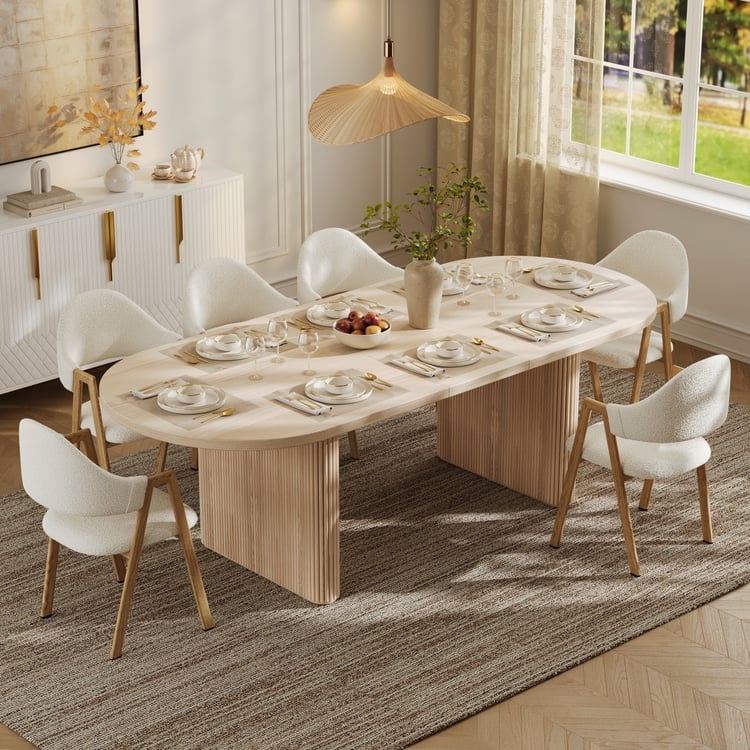 Japandi Whitewash Oval Dining Table with Fluted Pedestal Bases