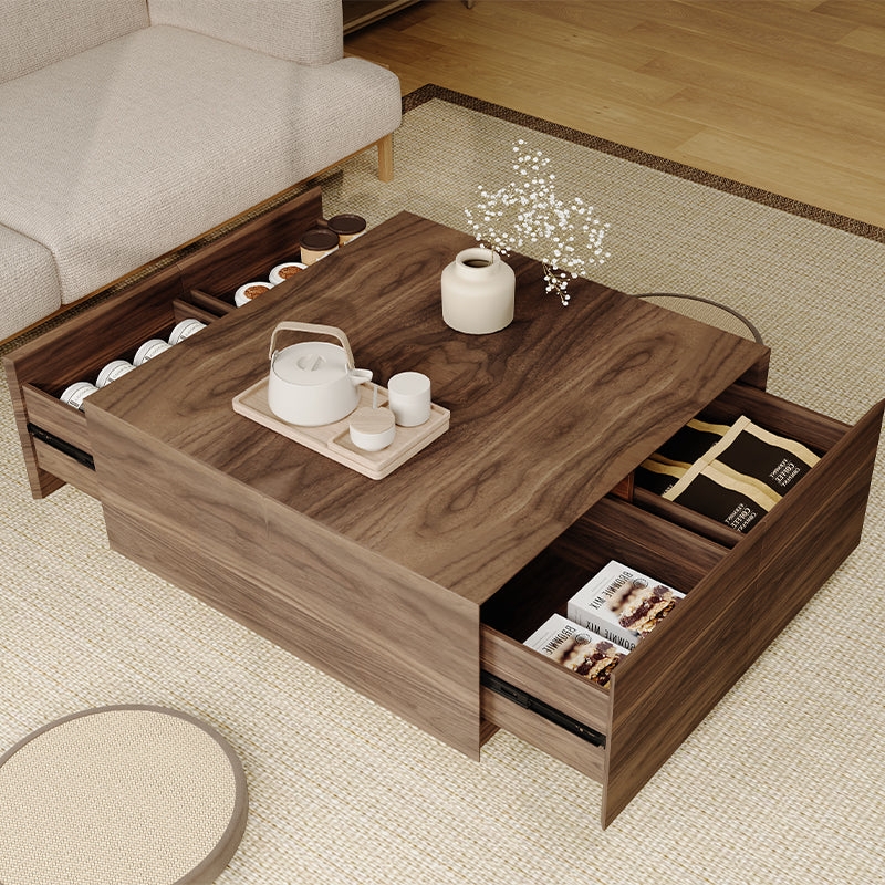 Japandi Wood Coffee Table with Integrated Low Profile Storage Drawers