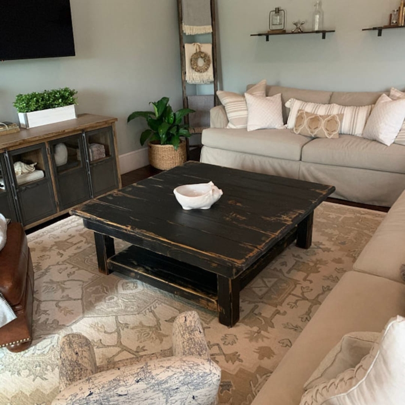 Kettle Finish Coffee Table Extra Large Square Distressed Edges Planked