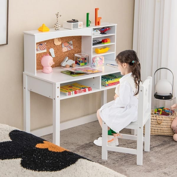 Kids Desk And Chair Set White Integrated Hutch Cork Bulletin Board