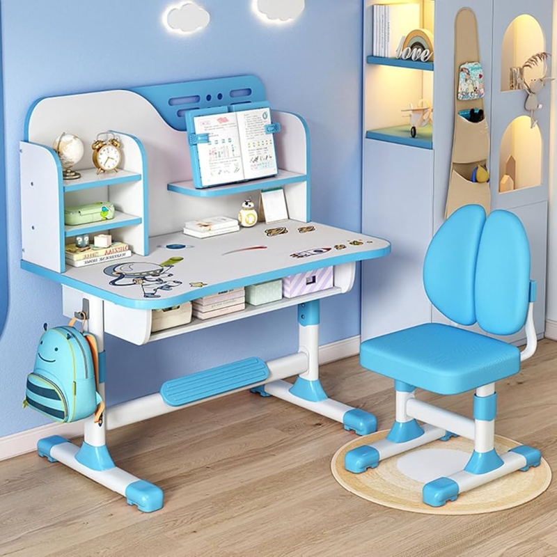 Kids Desk Set Blue Ergonomic Integrated Hutch Tilt Top Adjustable