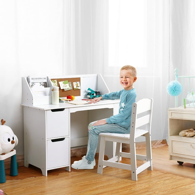 Kids Desk White Built In Hutch Dual Drawer Storage Cutout Handles