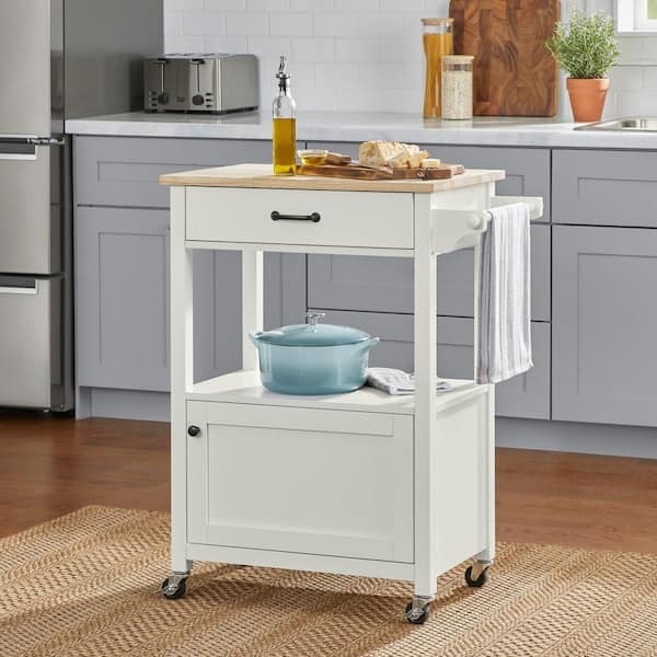 Kitchen Cart White Compact Butcher Block Top Locking Casters