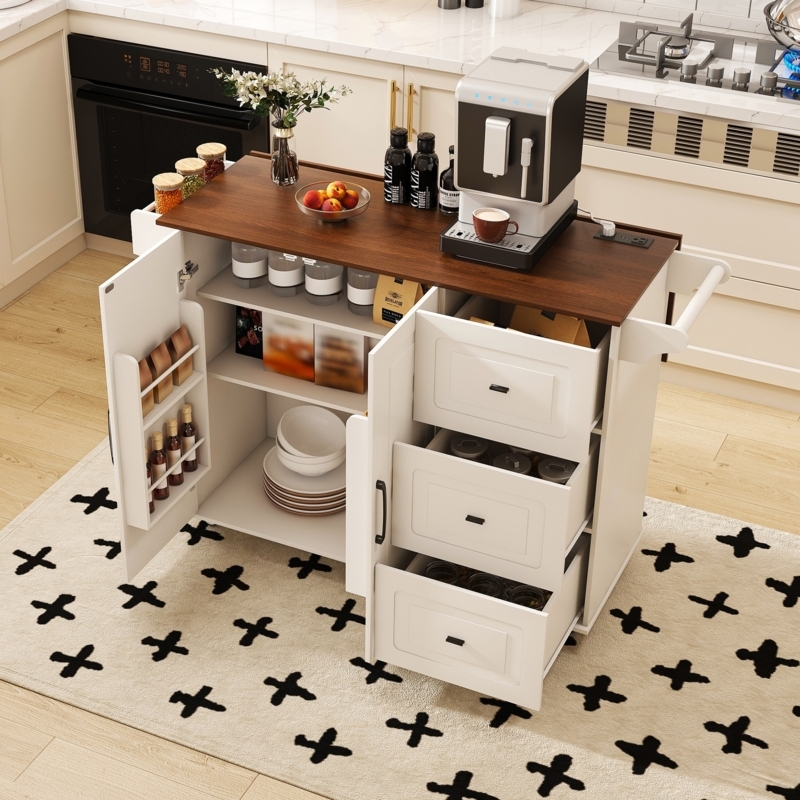 Kitchen Cart with Integrated Power Outlet and Walnut Finish Top