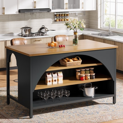 Kitchen Island Arched Shelves Charcoal Base Wood Top Seating