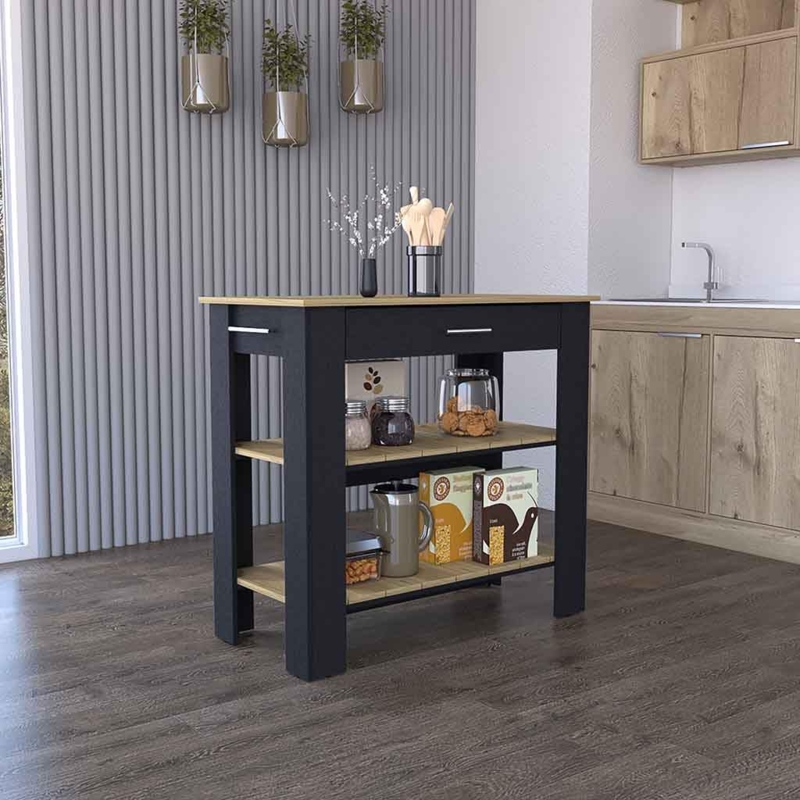 Kitchen Island Black And Oak Slatted Lower Shelves Modern