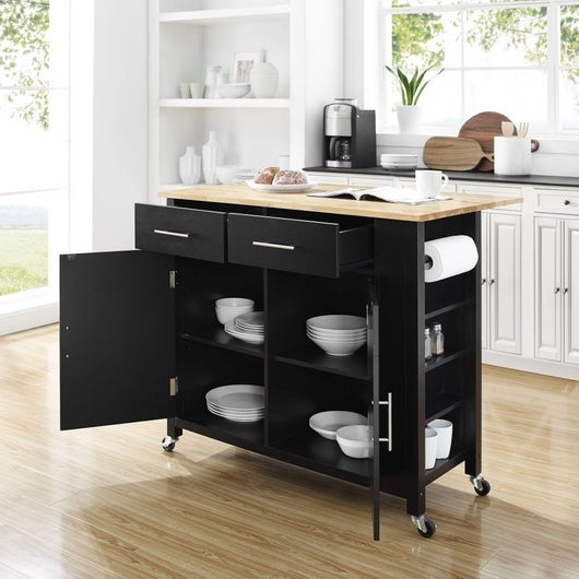Kitchen Island Black Cabinetry with Drop Leaf Wood Top & Casters