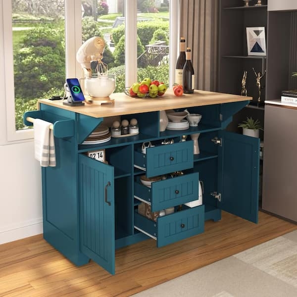 Kitchen Island Built In Power Teal Finish Drop Leaf Wood Top Cart