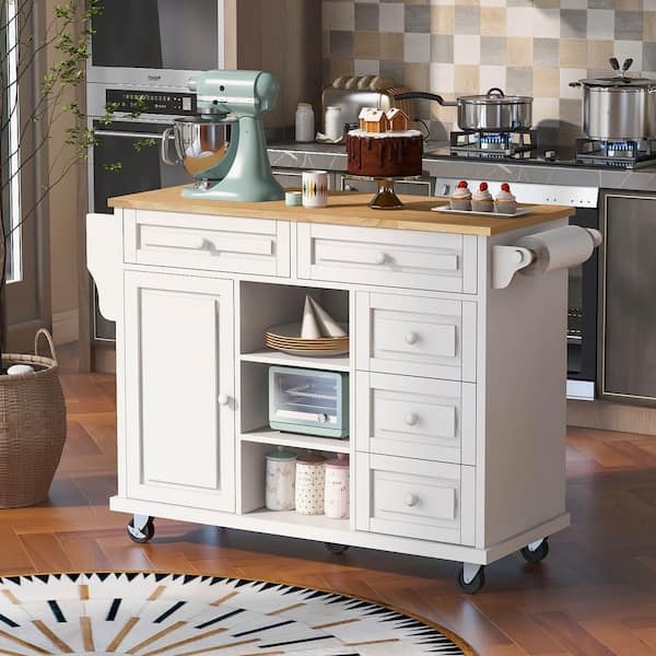 Kitchen Island Cart Rolling Wood Top Spice Rack Storage Cabinets