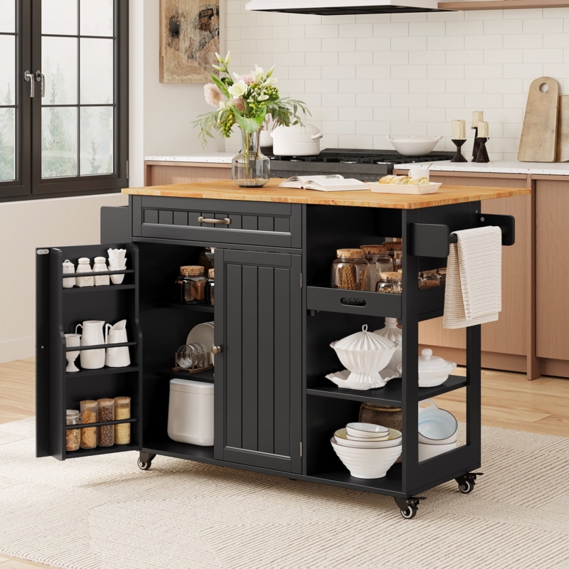 Kitchen Island Cart with Slatted Door, Drop Leaf & Removable Tray