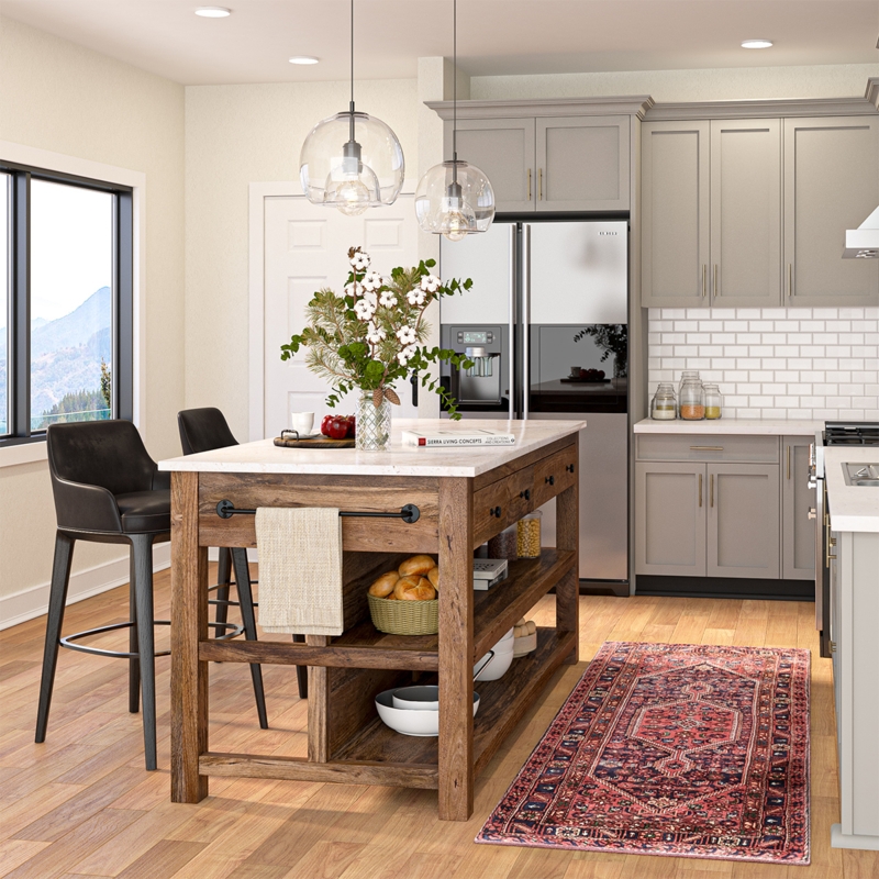 Kitchen Island Dark Wood White Marble Top Seating Overhang Drawers