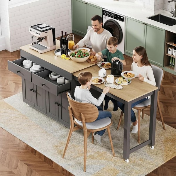 Kitchen Island Extendable Dining Table Charcoal Gray Rolling Storage