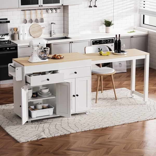 Kitchen Island Extendable Table White and Wood Modern Farmhouse
