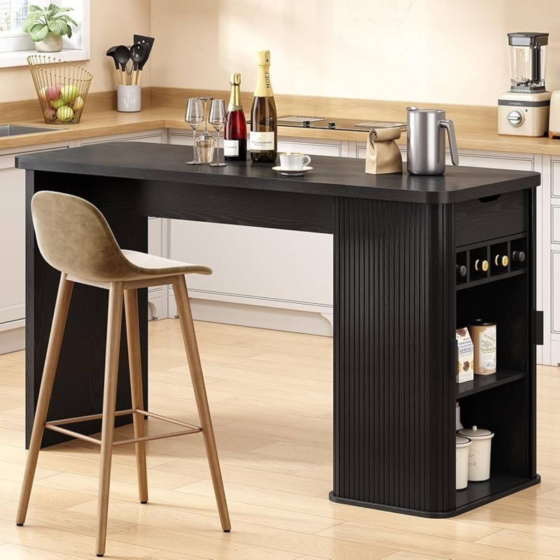 Kitchen Island Fluted Paneling Black Wood Integrated Wine Rack