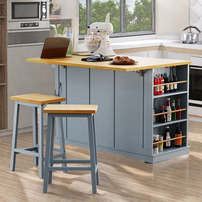 Kitchen Island in Blue Grey Finish with Drop Leaf and Backless Stools