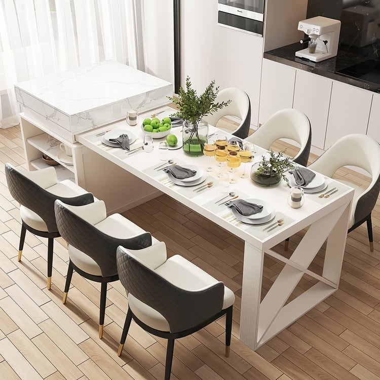 Kitchen Island Marble Look Extendable Geometric X-Leg White