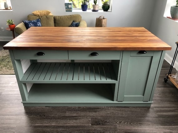 Kitchen Island Sage Green Base, Butcher Block Top, Slatted Shelf Farmhouse