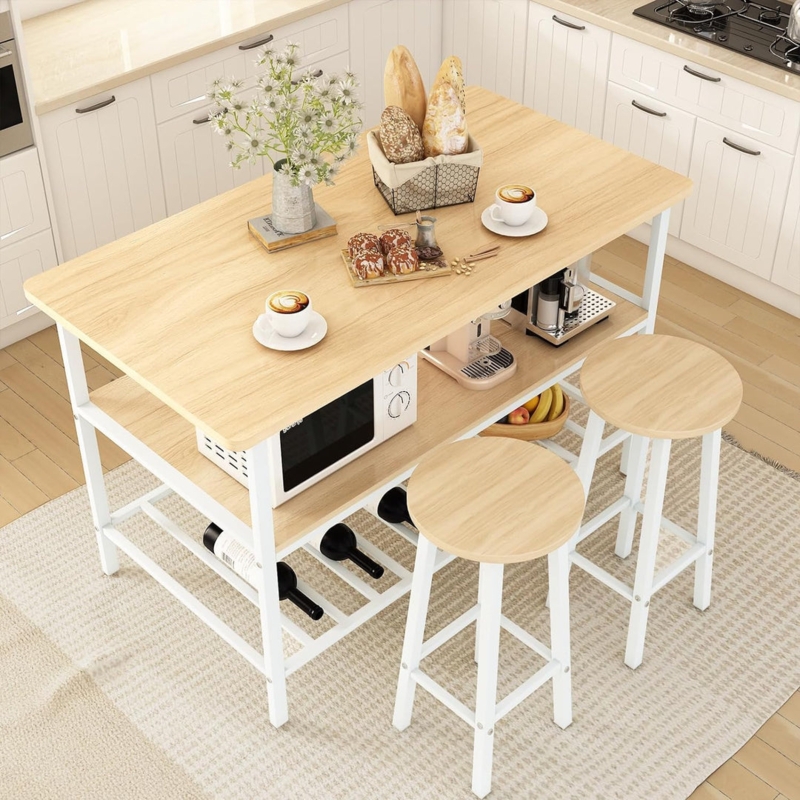 Kitchen Island Set With Stools And Integrated Microwave Shelf