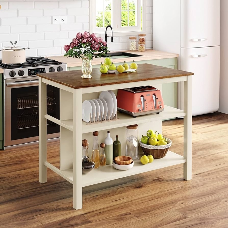 Kitchen Island Stationary Base Cream Wood Top Farmhouse Storage