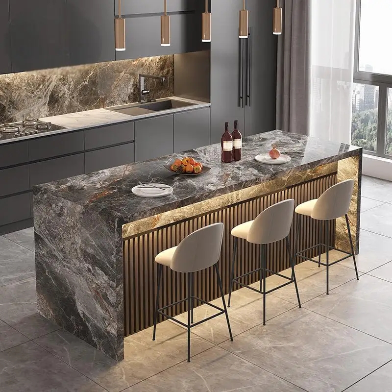 Kitchen Island Waterfall Marble Countertop Vertical Slat Base