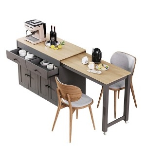 Kitchen Island White Two-Tone Extendable Table Built-in Power Outlet