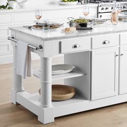 Kitchen Island with Marble Top, Polished Nickel Frame & Open Shelving