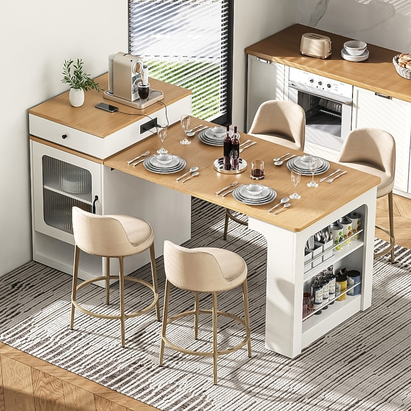 Kitchen Island with Power Outlet, White Wood Extendable Dining Table