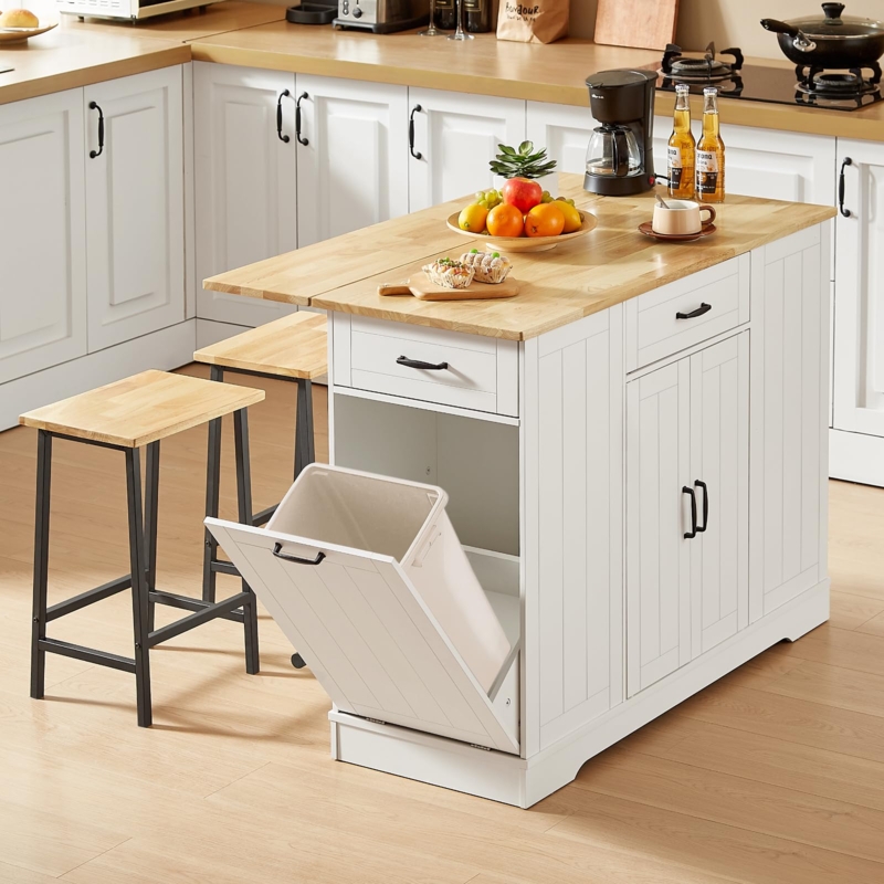 Kitchen Island with Seating, White with Tilt-Out Trash Cabinet