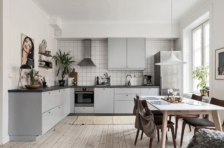 Kitchen Scene Scandinavian Style Gray Cabinets Square Tile Backsplash