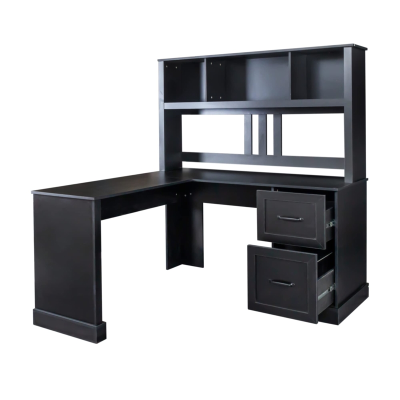 L-Shaped Computer Desk with Integrated Bookshelf Hutch and File Drawer
