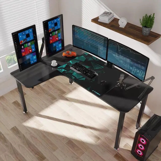 L-Shaped Corner Desk with Expansive Surface for Multi-Monitor Setup