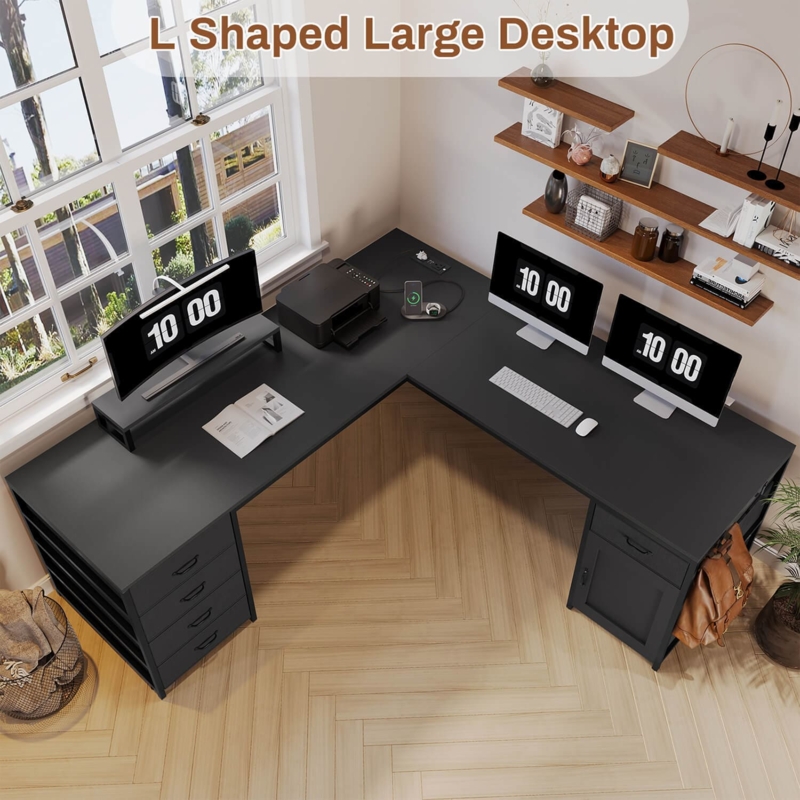 L-Shaped Corner Desk with Integrated Drawers, Monitor Riser, and Power Strip