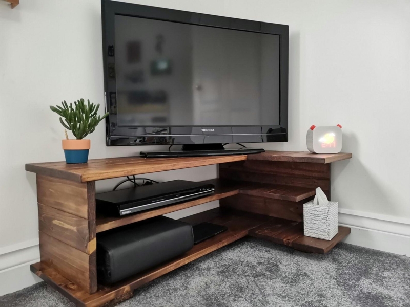 L-Shaped Corner TV Stand Rustic Dark Brown Plank Construction