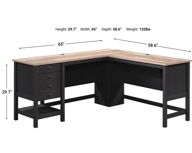 L-Shaped Cottage Desk in Raven Oak Finish with Four Storage Drawers
