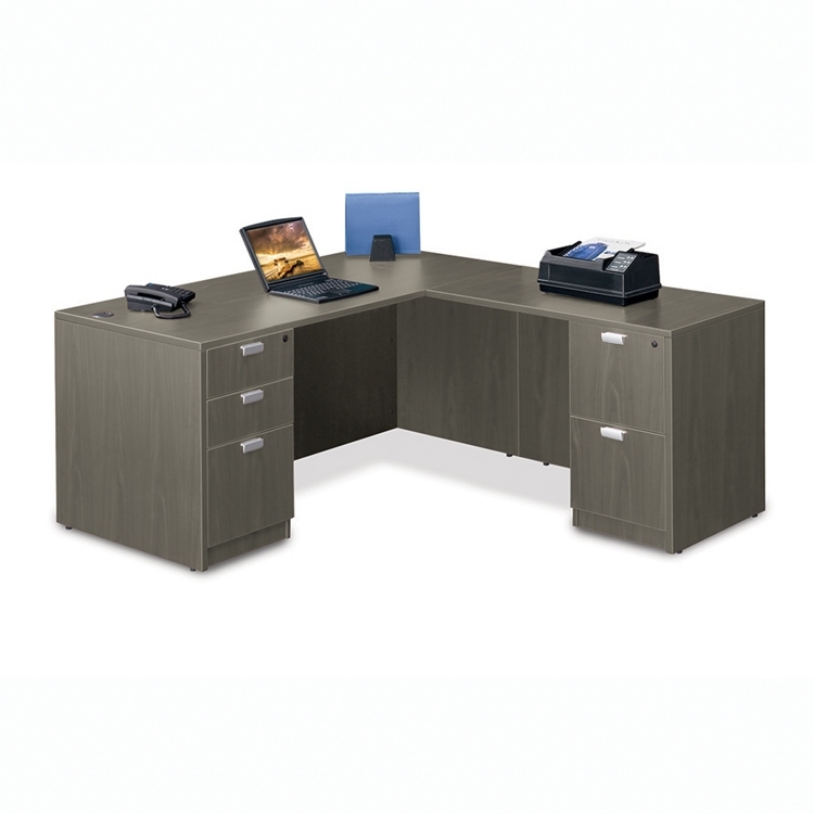 L-Shaped Desk Gray Laminate Sleek Silhouette Modesty Panel