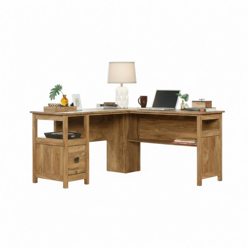 L-shaped Desk Textured Wood Cup Pulls Farmhouse Style with Storage