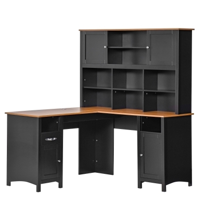 L-Shaped Desk Transitional Style Matte Black Open Shelving Hutch