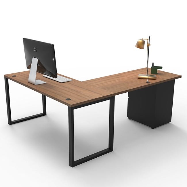 L-Shaped Desk White Top C-Leg Frame Metal Base Open Design