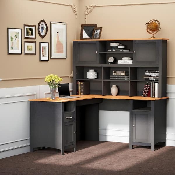 L-Shaped Desk with Hutch, Black Finish, Glass Front Cabinets