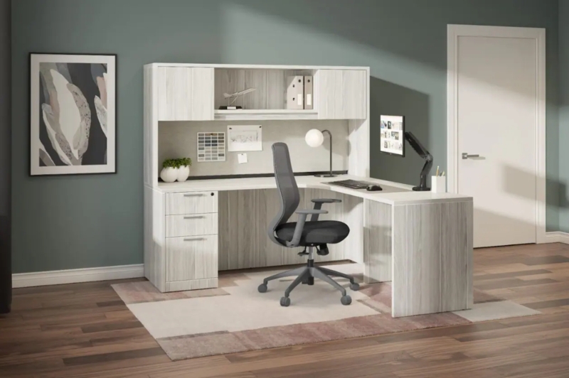 L-Shaped Desk with Hutch, Integrated Tackboard, Light Grey Finish