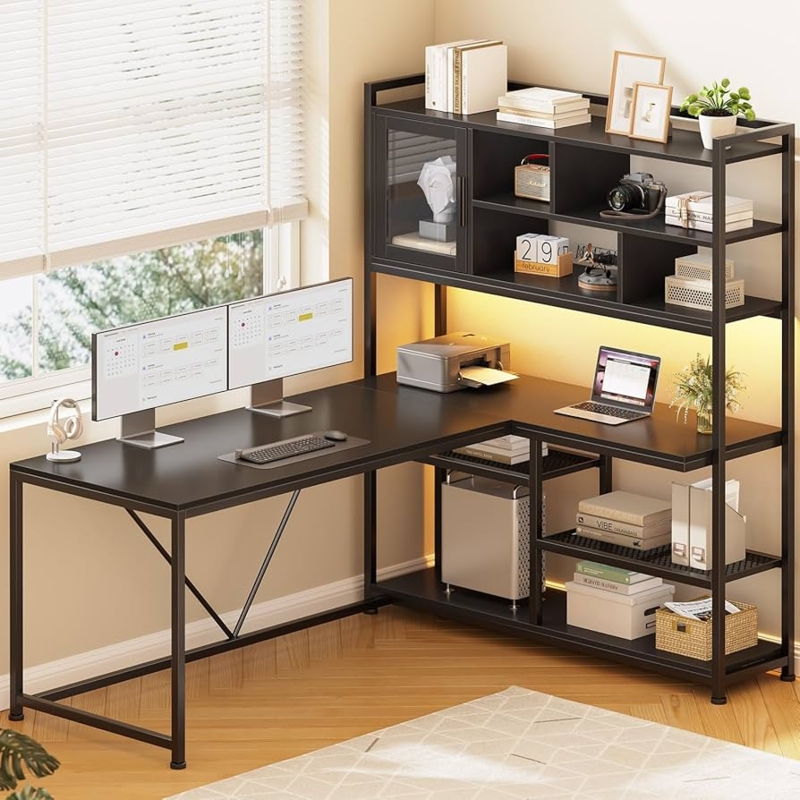L-Shaped Desk with Hutch, LED Backlighting, and Glass Door Cabinet