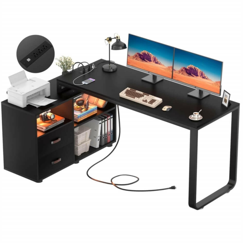 L-Shaped Desk with LED Lit Shelves and Built-In Power Outlet