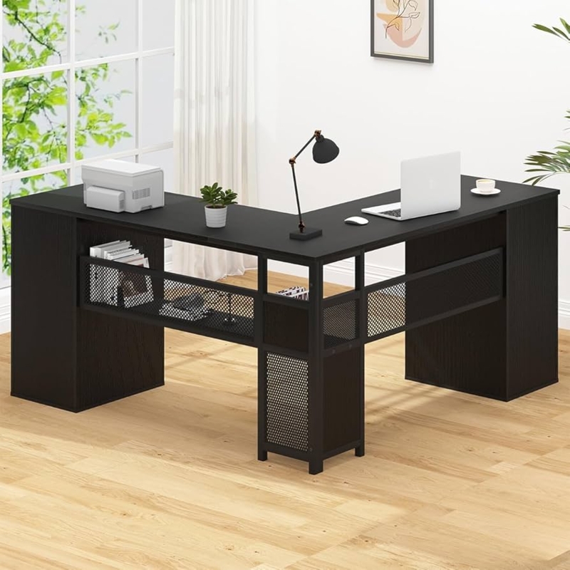L-Shaped Desk with Mesh Storage Cabinets, Industrial Modern Home Office