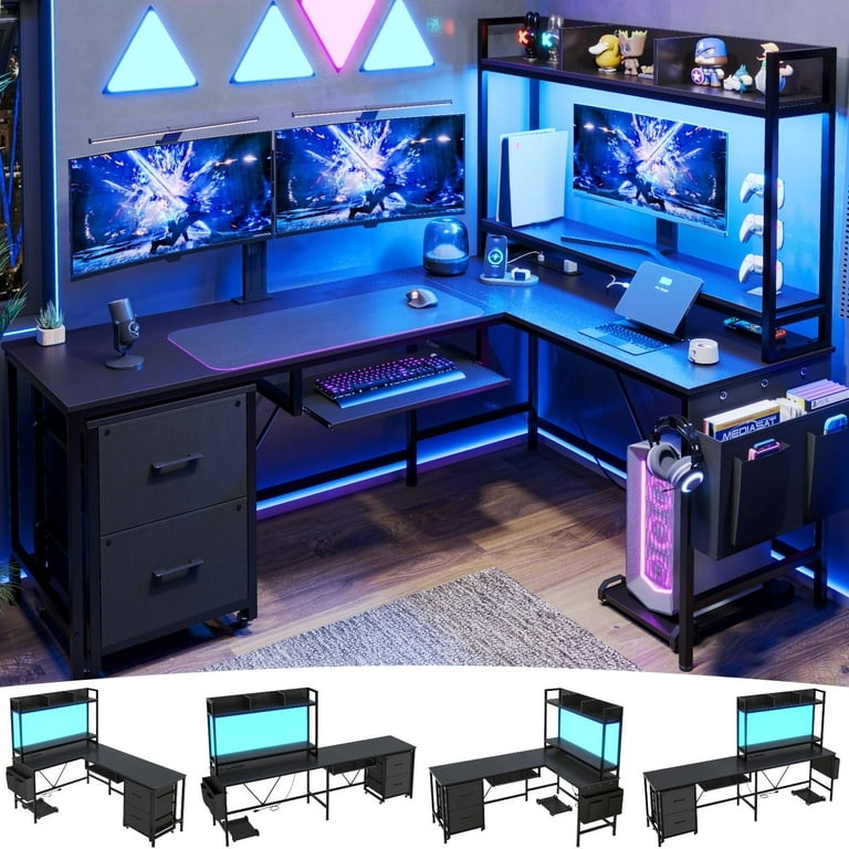 L-Shaped Desk with Wood Tone Drawers and LED. L-shaped gaming desk setup.