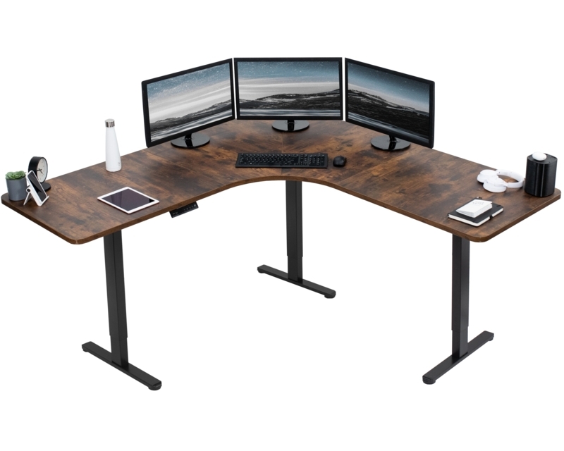 L-Shaped Electric Standing Desk with Triple Leg Base and Curved Corner