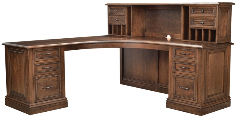L-Shaped Executive Desk Hutch, Curved Inner Corner, Warm Brown Finish