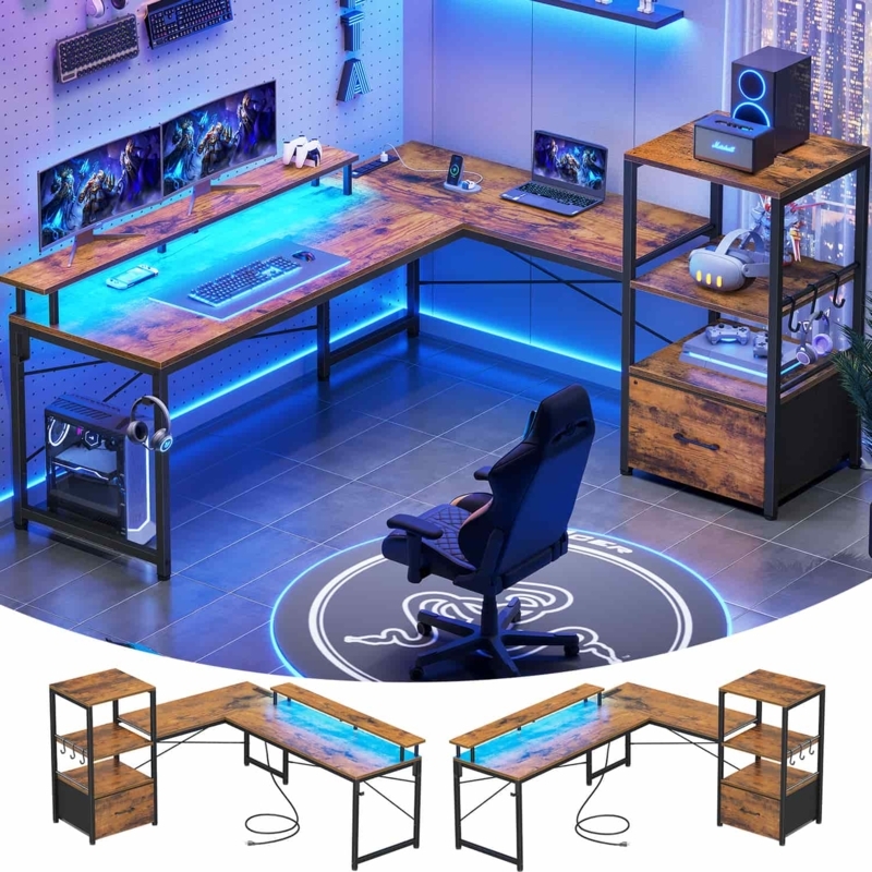 L-Shaped Gaming Desk Brown Wood Toned with Built-In Power Outlets