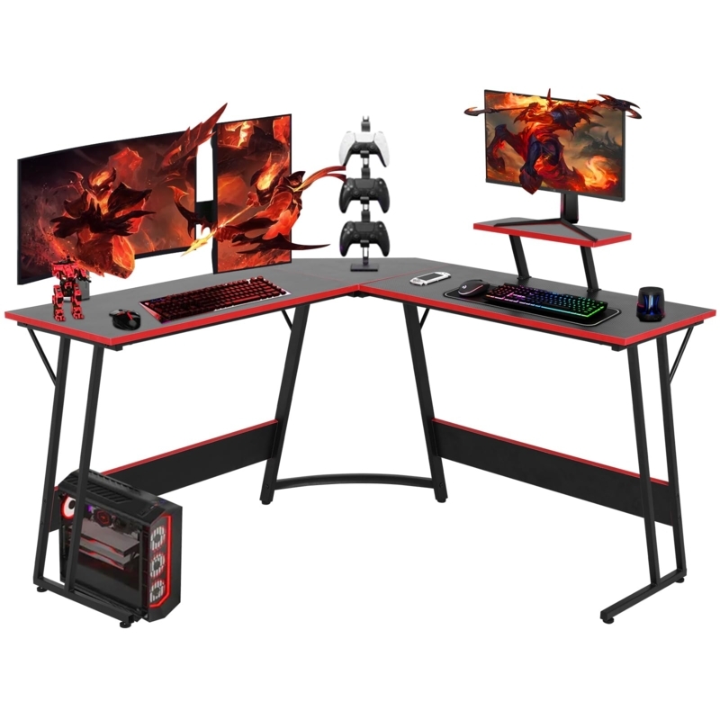 L-Shaped Gaming Desk, Carbon Fiber Look, Red Accents, Monitor Stand